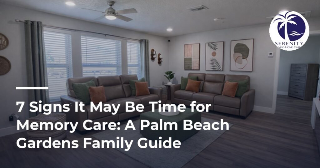 When is it time for memory care: living room at Serenity Living Home Care II on Holly Drive in Palm Beach Gardens
